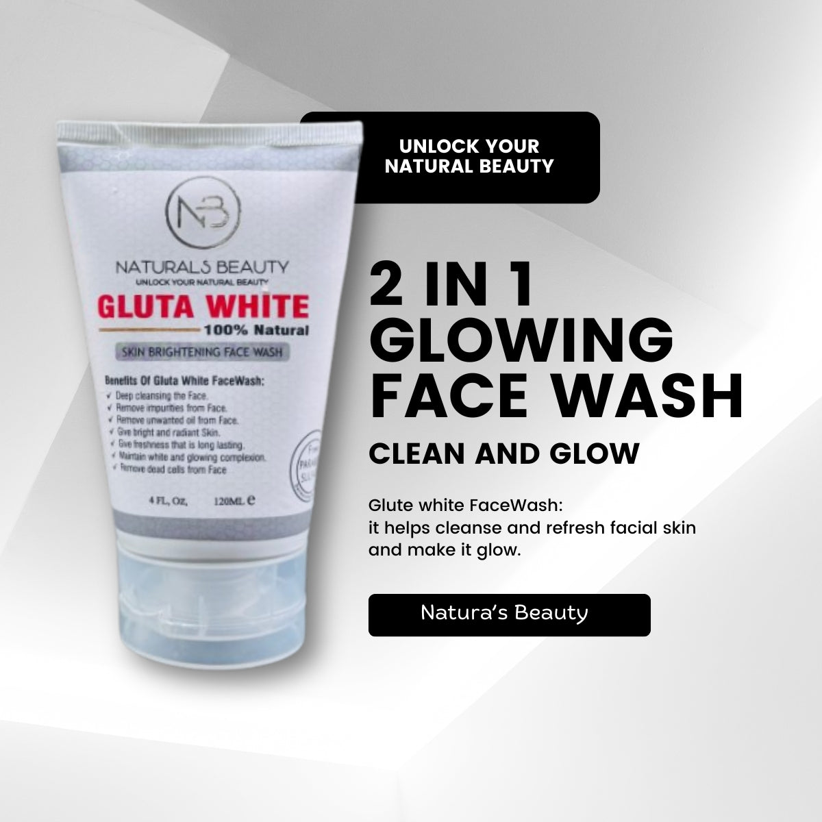 Gluta White Face Wash 120ml for Bright, Clear & Glowing Skin Daily